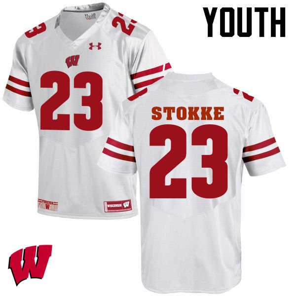 Wisconsin Badgers Youth #23 Mason Stokke NCAA Under Armour Authentic White College Stitched Football Jersey OY40W74KG
